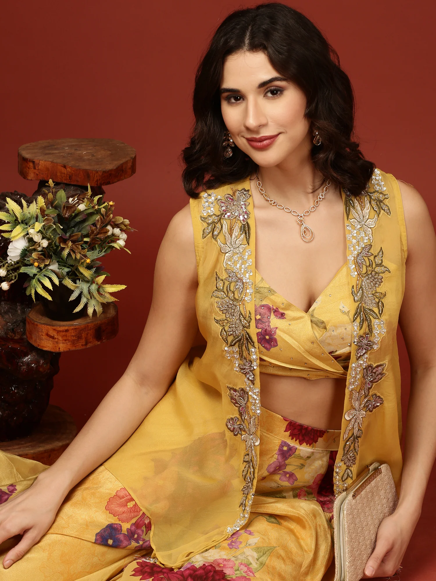 Yellow Organza Crop Top Palazzo Set - Image 5