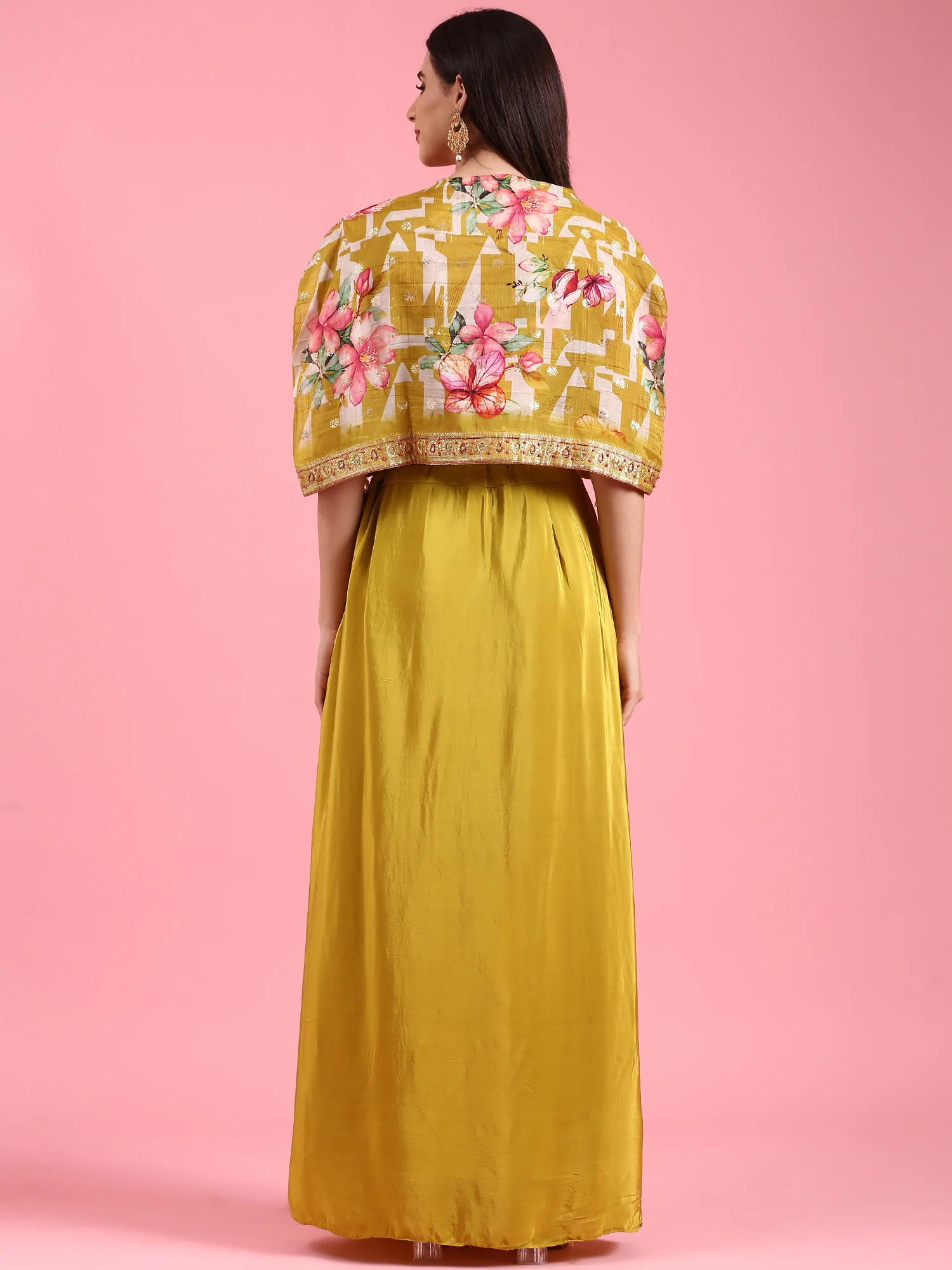 Yellow Organza Printed Jacket With Draped Skirt - Image 3