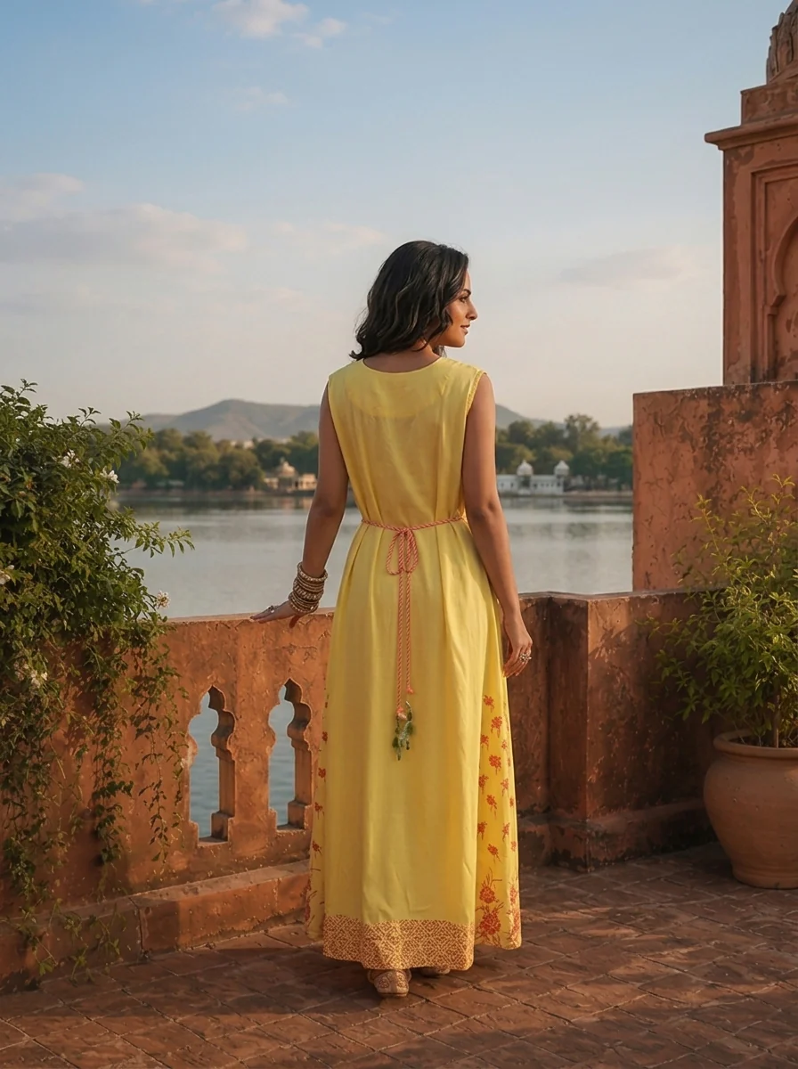 Yellow Rayon Floral Thread Embroidered Long Dress - Image 2