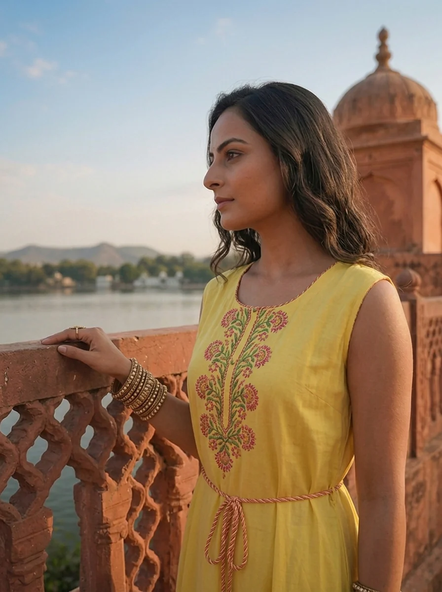 Yellow Rayon Floral Thread Embroidered Long Dress - Image 4