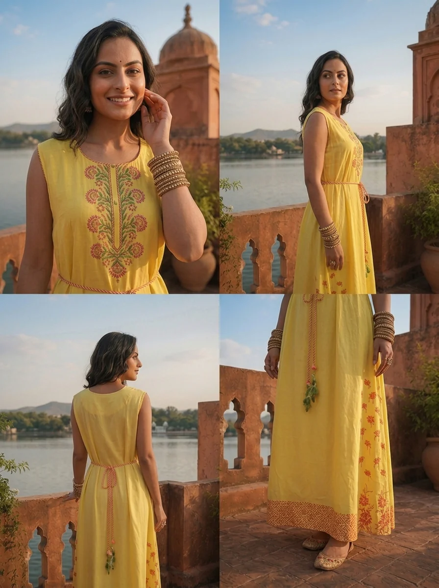 Yellow Rayon Floral Thread Embroidered Long Dress - Image 5