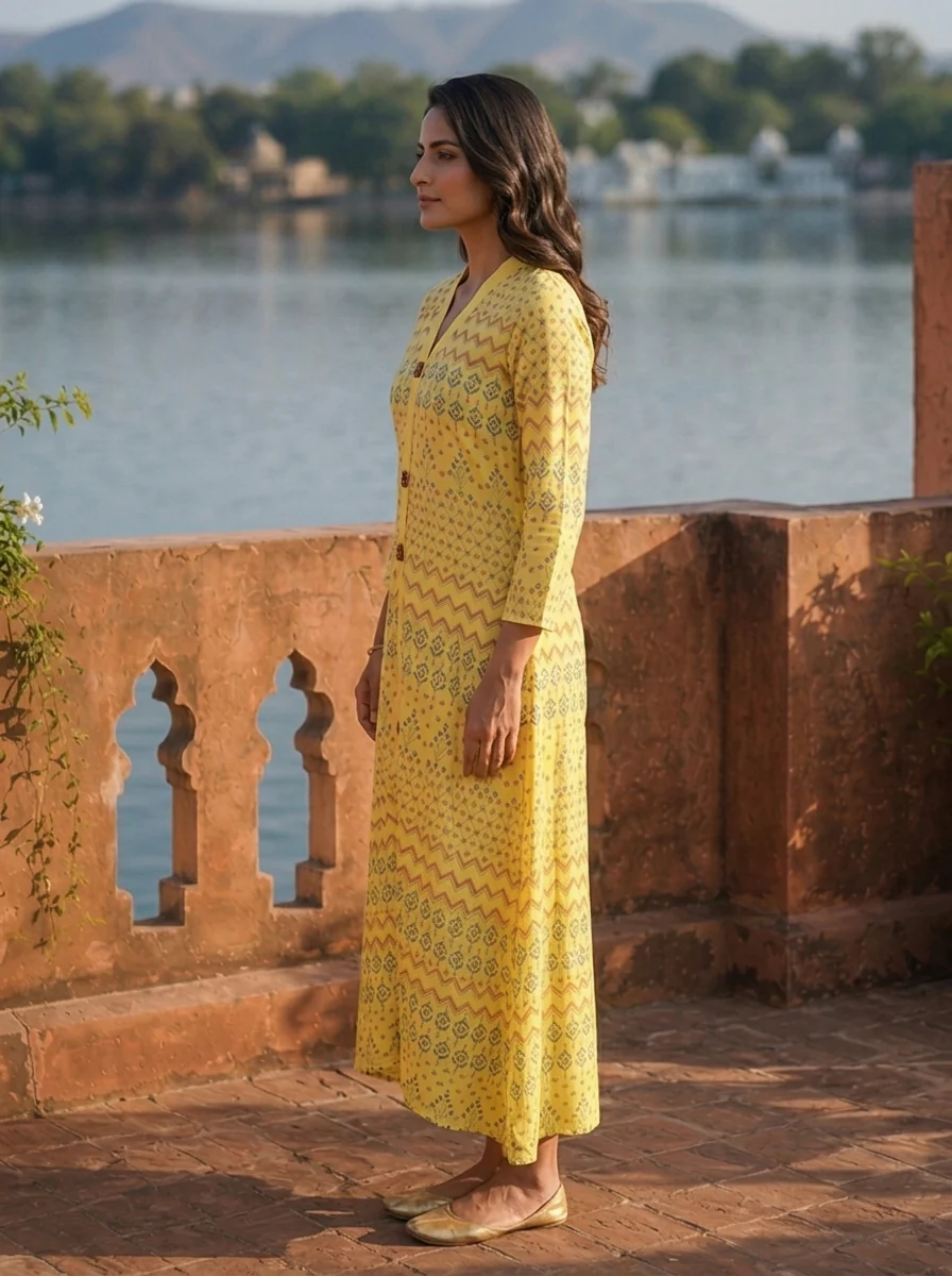 Yellow Rayon Geometric Buti Printed Kurta - Image 3