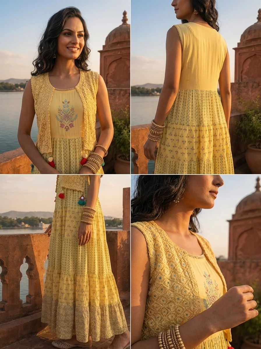 Yellow Rayon Multicolor Ethnic Printed Dress - Image 5