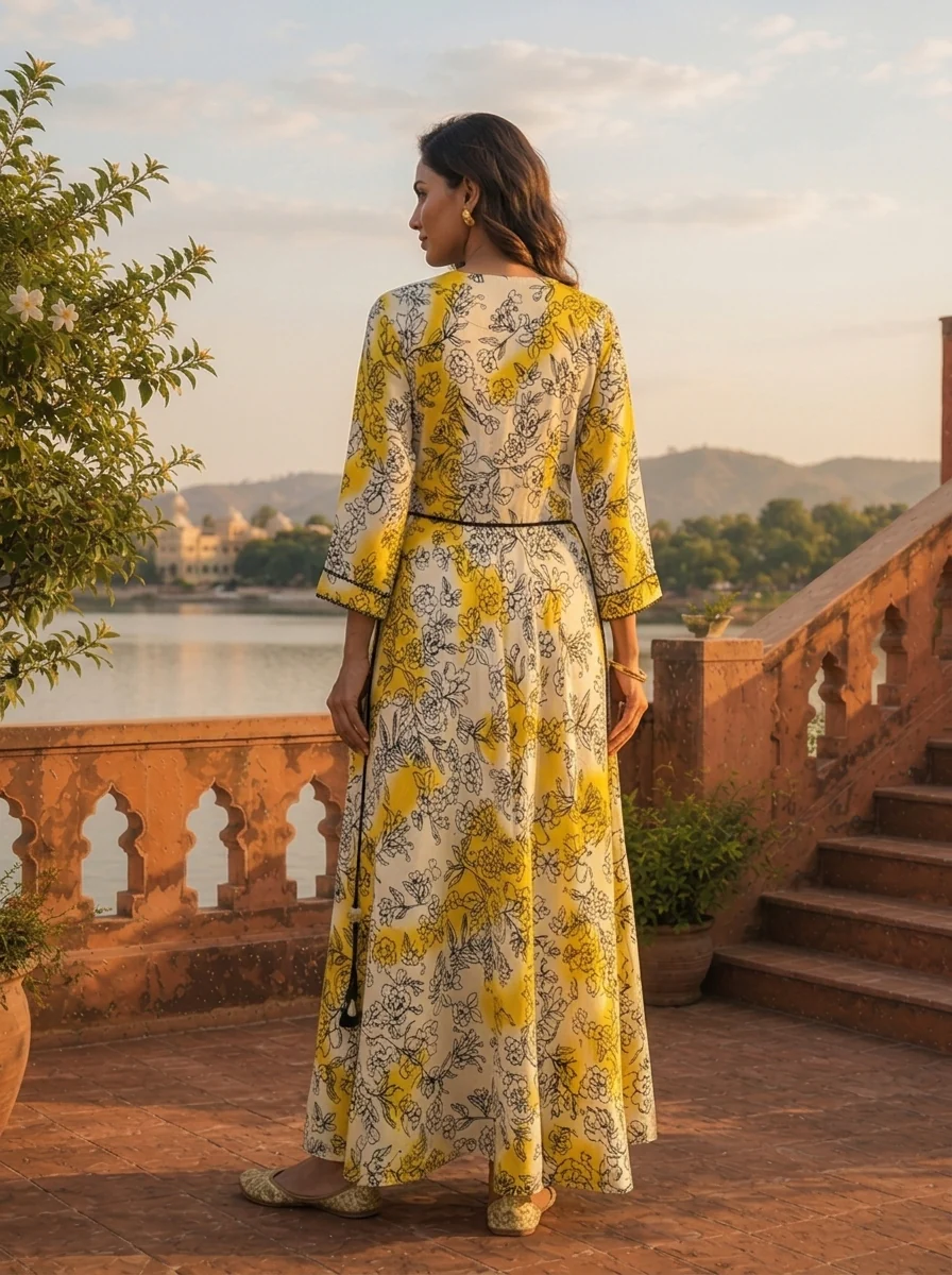 Yellow Rayon Ombre Floral Printed Long Dress - Image 2