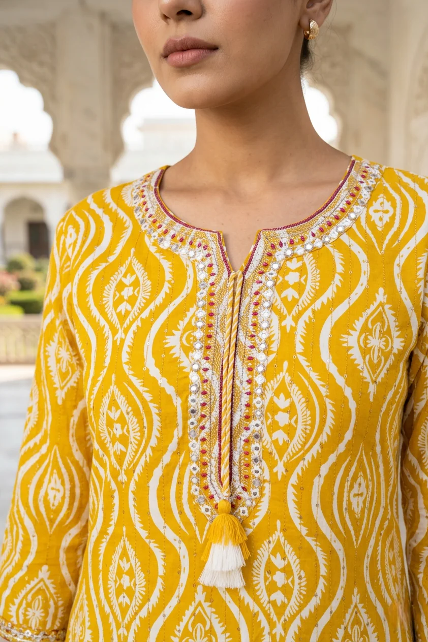 Yellow Rayon Printed And Thread Embroidered Kurta - Image 4