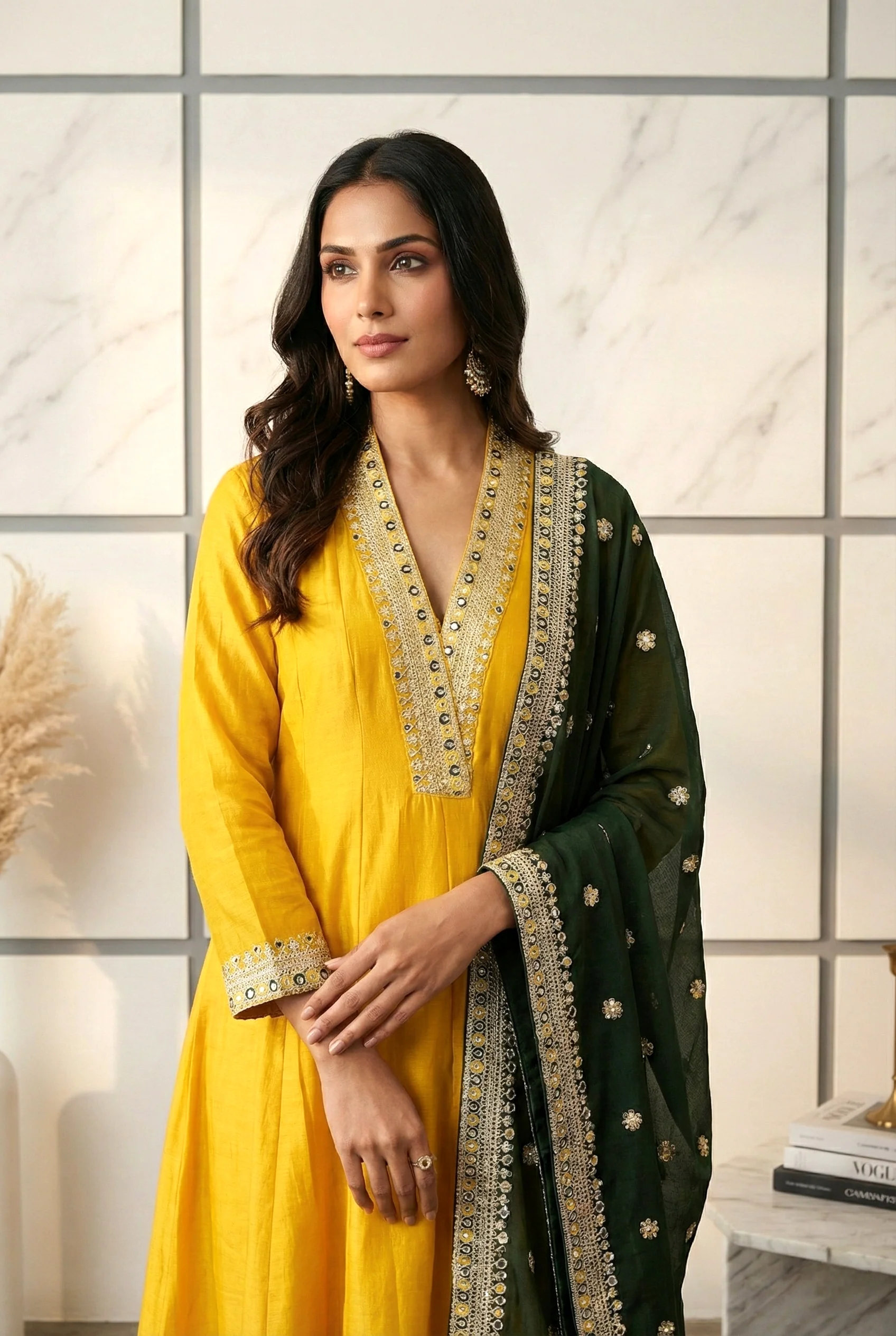 Yellow Silk Hand Embroidery Three Piece Set - Image 2