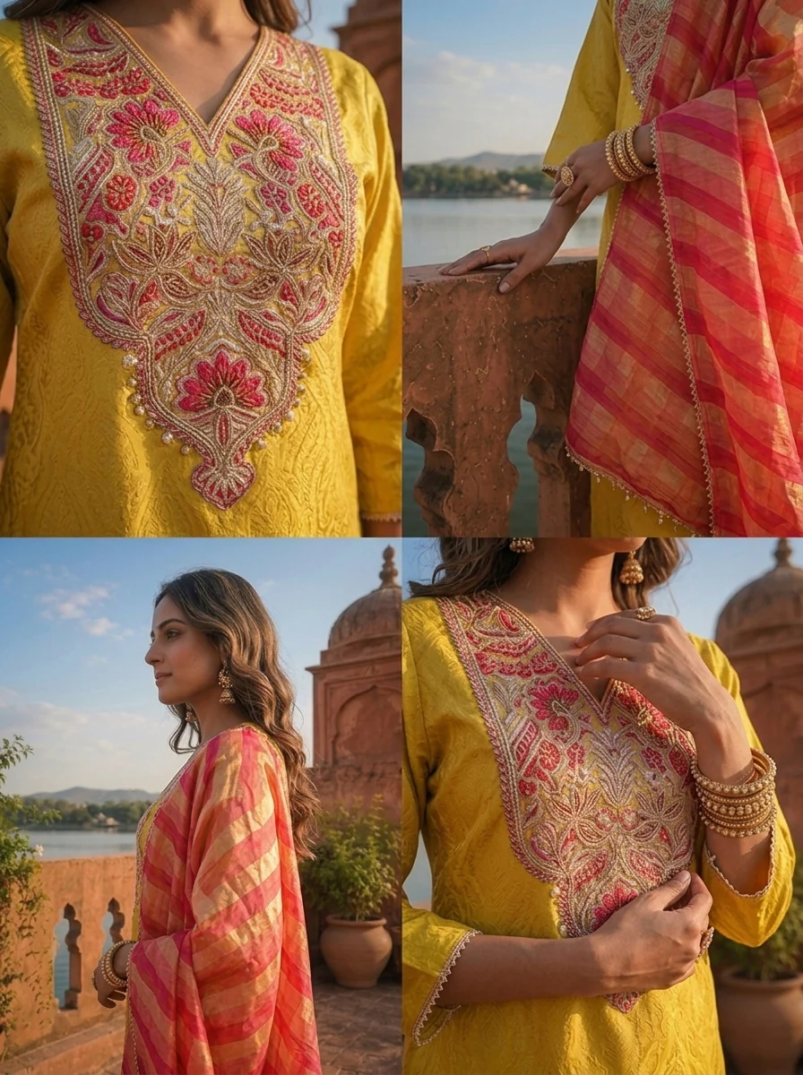 Yellow Silk Self Jacquard Embroidered Three Piece Set - Image 5