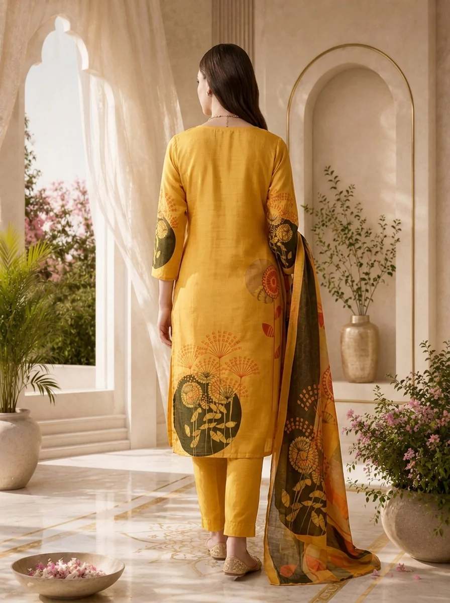 Yellow Silk Sequins Embroidery And Floral Digital Printed Three Piece Set - Image 3