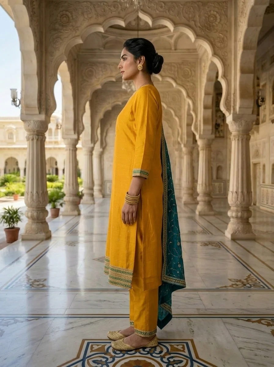 Yellow Silk Stone And Sequins Embroidered Three Piece Set - Image 3
