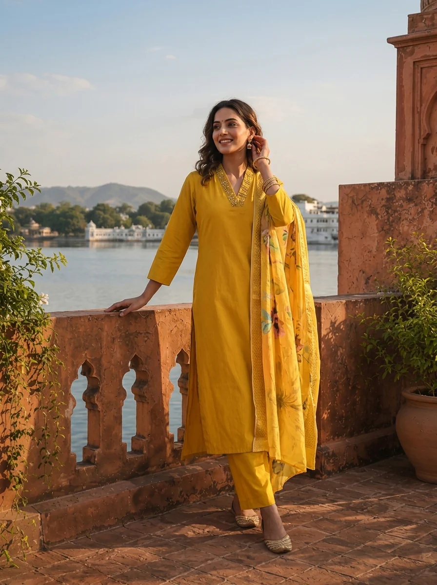 Yellow Silk Thread Embroidered Three Piece Set