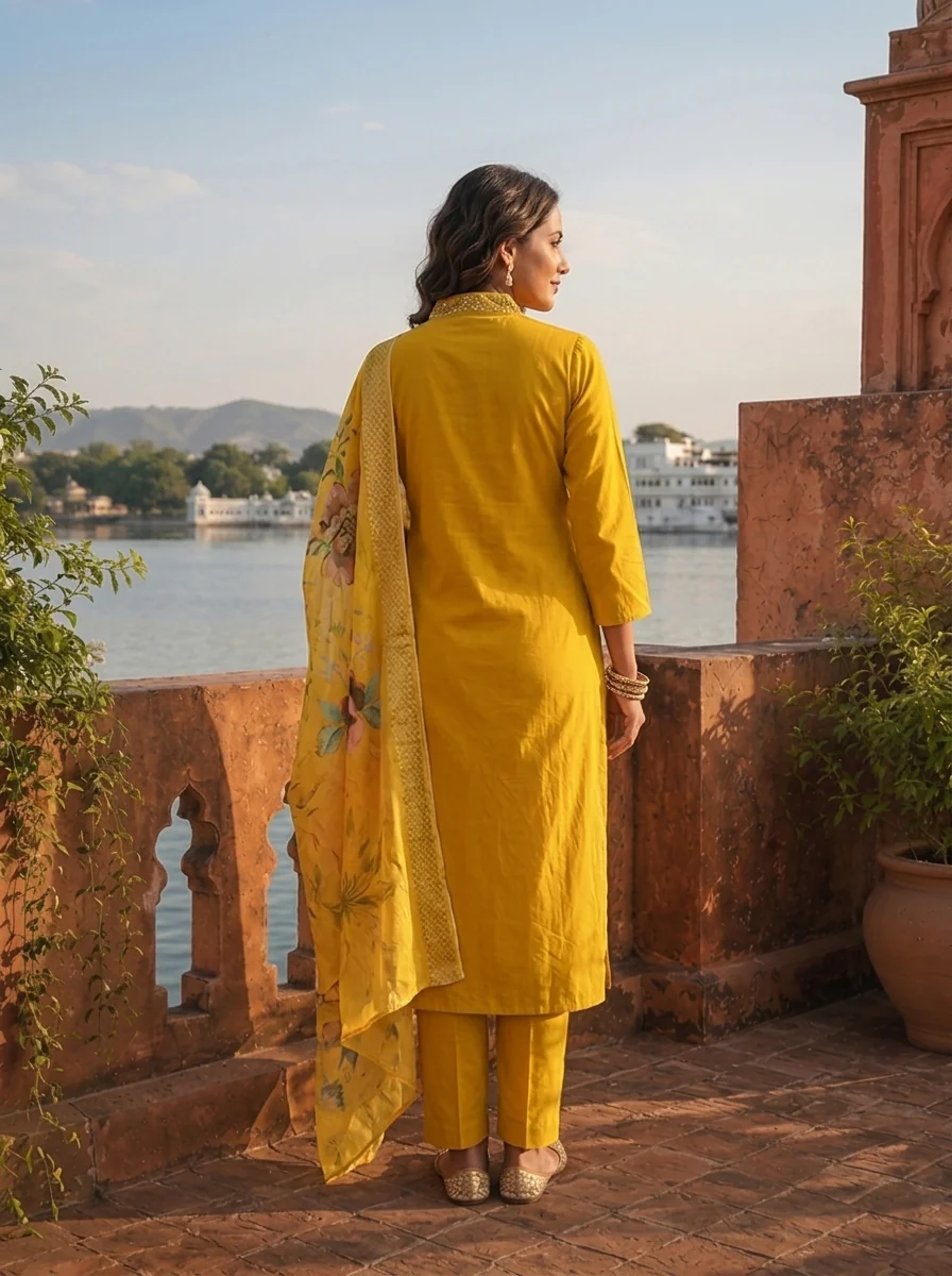 Yellow Silk Thread Embroidered Three Piece Set - Image 2