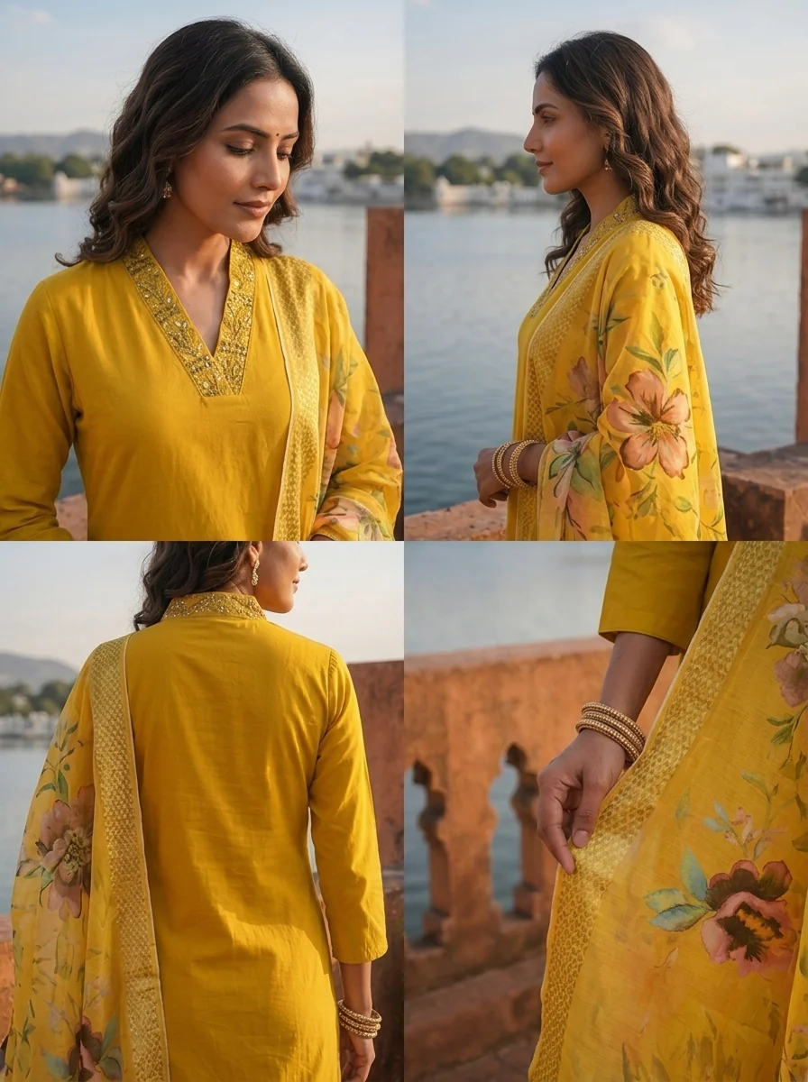 Yellow Silk Thread Embroidered Three Piece Set - Image 5