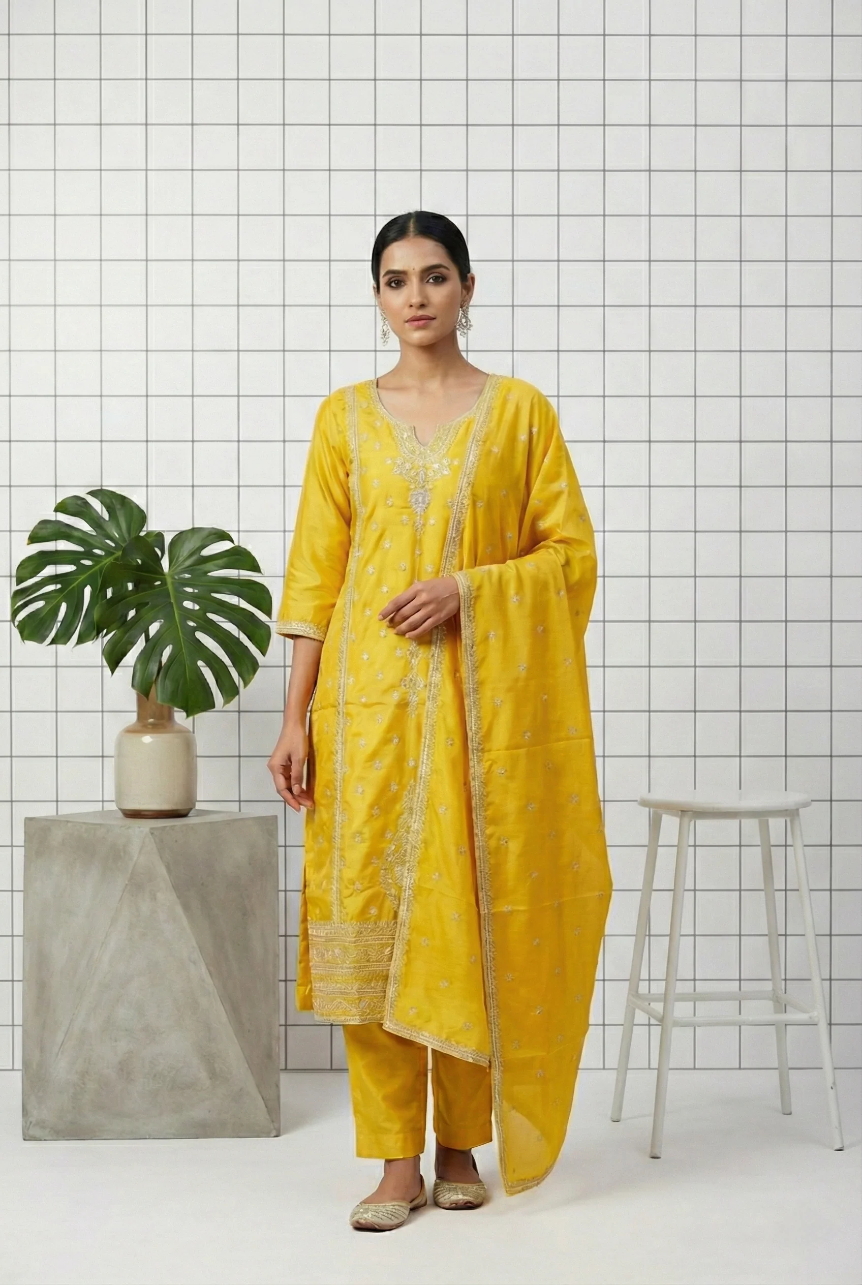 Yellow Vichitra Silk Floral Embroidery Three Piece Set