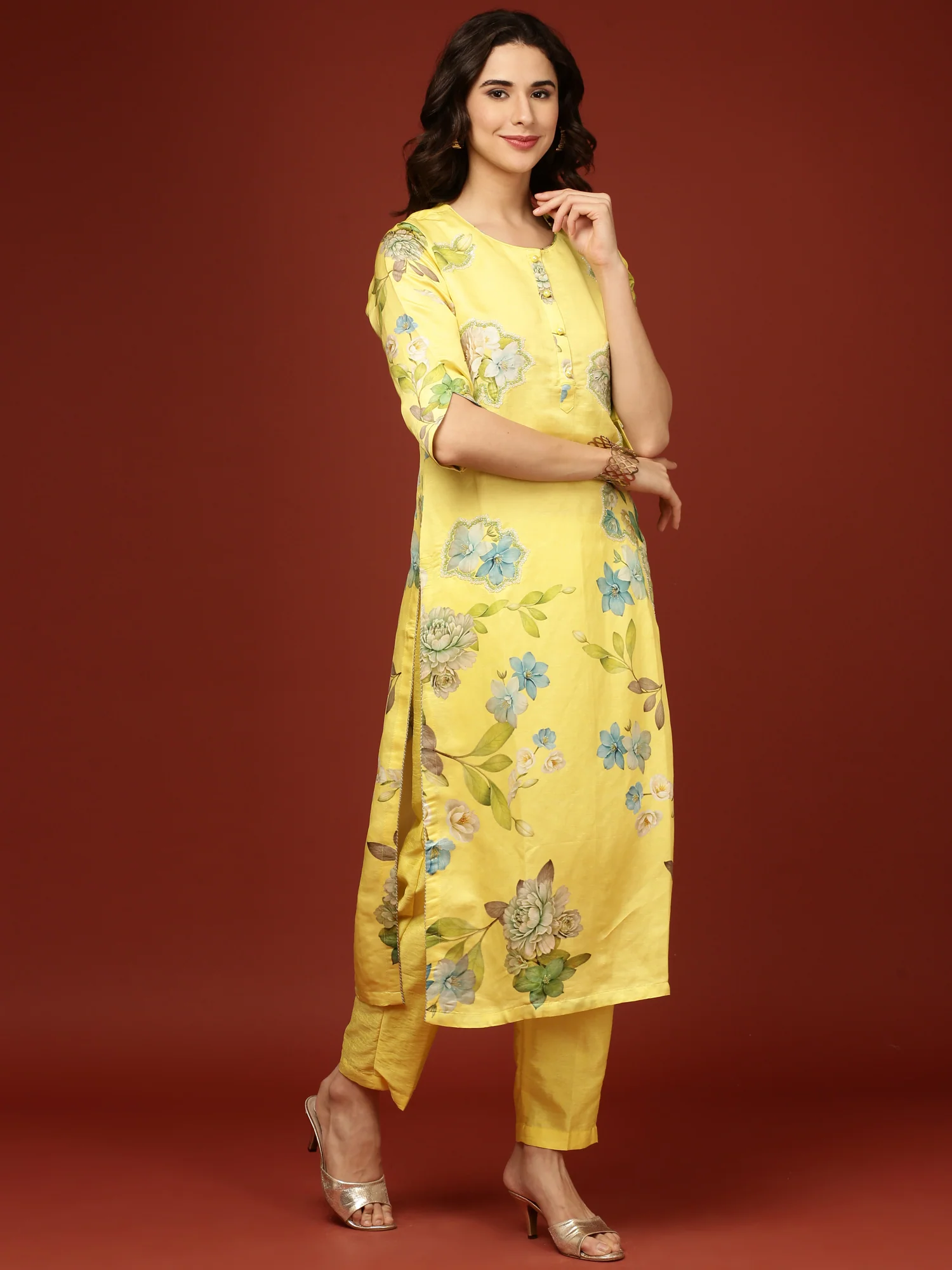 Yellow Viscose Floral Printed Three Piece Set - Image 3