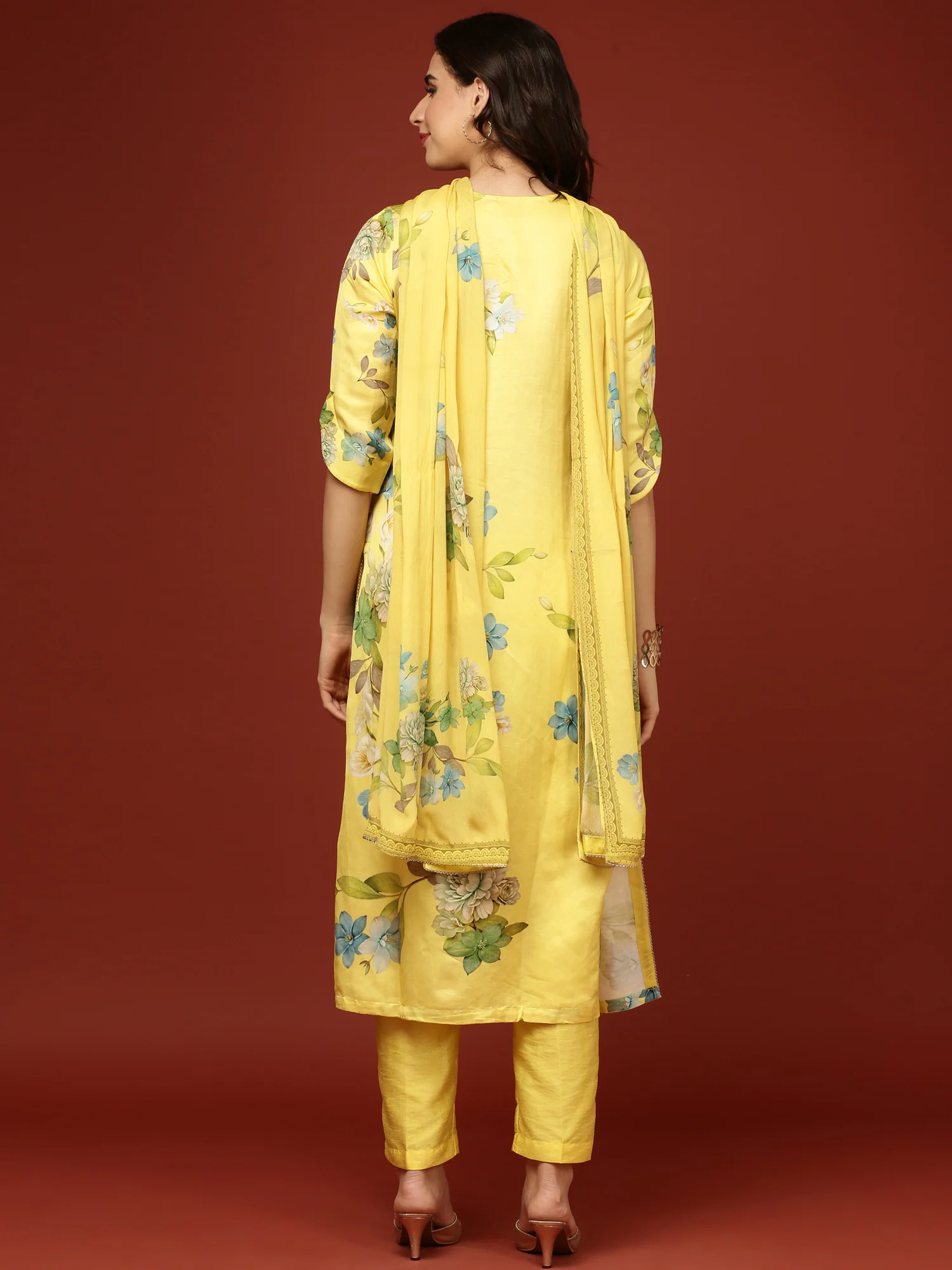 Yellow Viscose Floral Printed Three Piece Set - Image 4